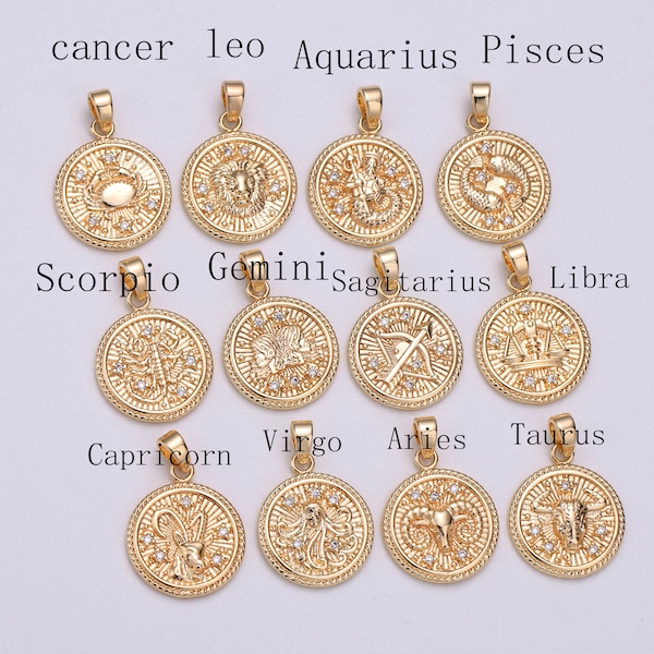 Dainty Zodiac Horoscope Sign Constellation Medallion Pendant Charm Textured Coin Decorative Edge for Necklace Jewelry Making, Zo- 9