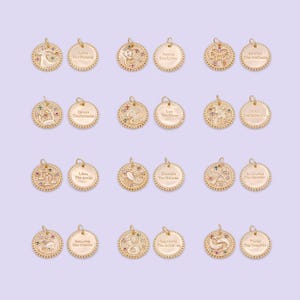 New design 14k gold filled double sided zodiac charm horoscope astrology personalized coin charm cz round disc pendant| a1803-1808
