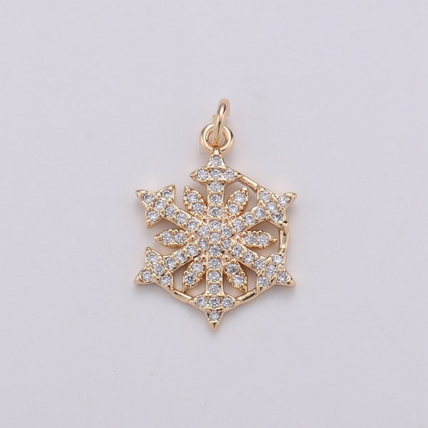 24K Gold Snow Flake Charm Micro Pave Snow Charm, Northstar Cubic Charms, CZ Gold ClearCharm, Dainty Minimalist Jewelry Supply