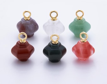 Dainty Lantern Gemstone Drop Pendant – Carved Geometric Crystal Charm with Gold Bail – Natural Stone Jewelry Making Supply AH-830