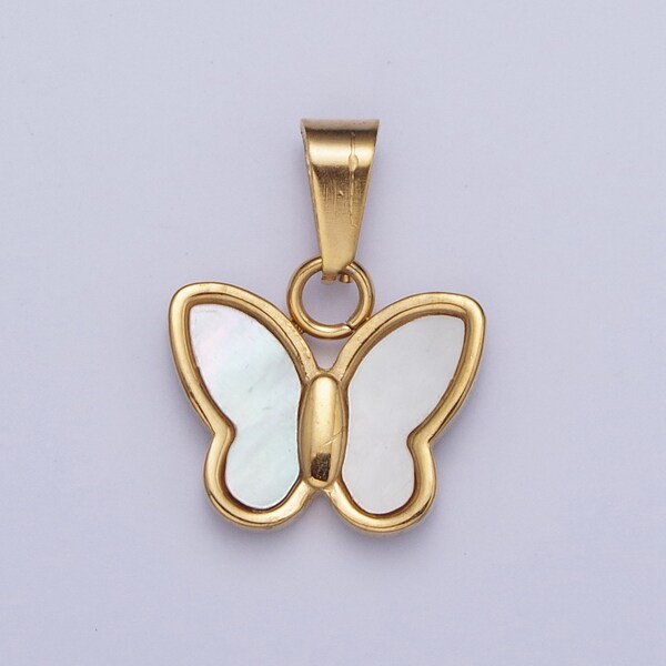 Dainty Gold Pearl Butterfly Pendant, 24K Gold Filled Stainless Steel w. Shell Pearl Mariposa Butterfly Charm | X-653