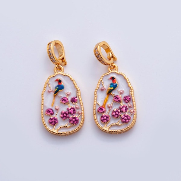 Pingente de encaixe com pingente de flor de pavão em esmalte e microcravação de zircônias cúbicas em ouro 18K | AH705