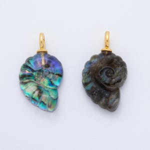 Puede incluir: Dos colgantes en forma de concha con aros dorados. Uno es iridiscente con tonos azules, verdes y morados. El otro es gris oscuro con destellos azules y verdes. Ambos están sobre un fondo blanco.