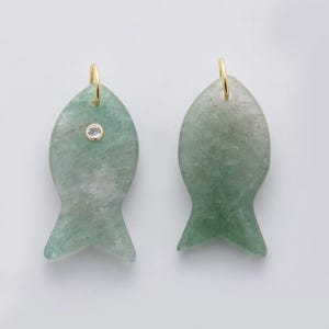 18k Gold Filled 38.8mm Big Gemstone Fish Pendant Natural Stone CZ Charm for Necklace Bracelet Jewelry Making DIY Supply | D265 Green Agate