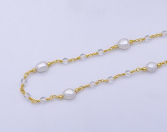 Cadena de perlas rellenas de oro de 14 quilates, rosario de perlas blancas de agua dulce, cadena a granel con cuentas de cuarzo transparente, cadena sin terminar cortada a medida, rollo 1214