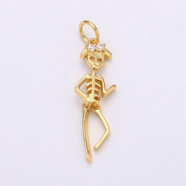 Girl Woman Day of the Dead Charm - Dia de los Muertos Pendant Miniature Skeleton Gold Skull Charm for Halloween Necklace Jewelry Supply d691