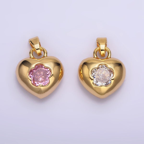 24K Gold Filled Clear, Pink Flower CZ Open Heart Pendant | AA590 AA591