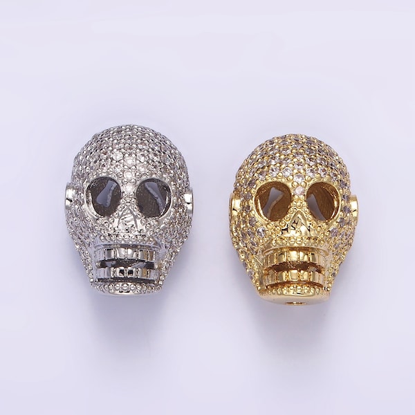 14K Gold Filled 16mm Clear Micro Paved CZ Skeleton Skull Mask Bead in Gold & Silver | B849 B850