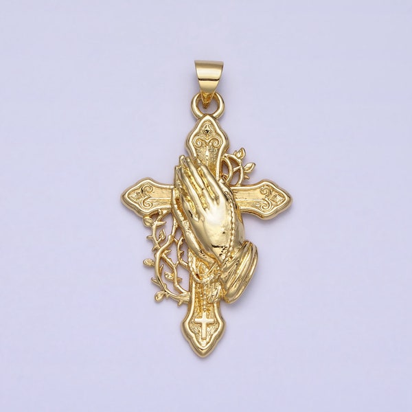 Gold Praying Hand Charm with Cross Pendant Prayer Pendant | DIY Pendant for Necklace Component Handmade Religious Jewelry Making AA158