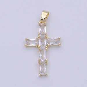 Clear & Multicolored CZ Baguette Cross Pendant, 24K Gold Plated Micro Paved Baguette CZ Cross Religious Charm | X-502, X-506