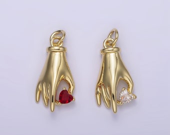 Hand with heart Charm Mini Gold hand Charm Bracelet Necklace Dainty Gold Palm Charm with Clear Red CZ Stone AG-202