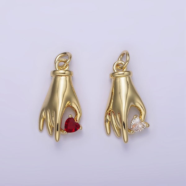 Ciondolo mano con cuore Mini collana con ciondolo a mano in oro Ciondolo delicato con palma in oro con pietra CZ rossa trasparente AG-202