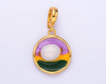 Colorful Artsy Coin Charm 19x16mm enamel with pearl beads 24k Gold Filled Charm for Bracelets and Necklaces with Enhancer Bail AA-1469