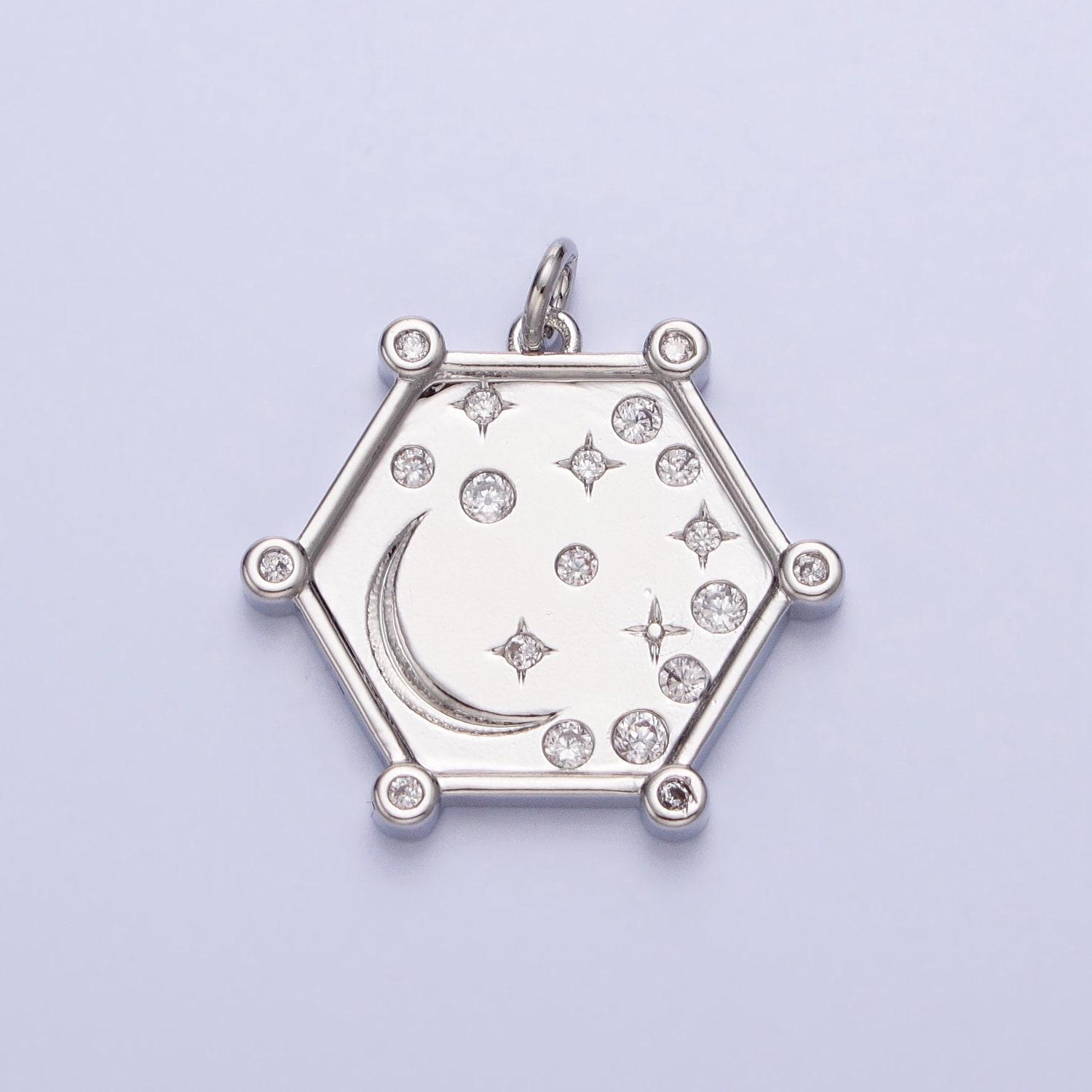 Gold, Silver Hexagonal Celestial Moon Clear, Pink, Green