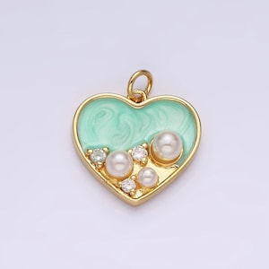 14k vergulde hartvormige bedel van 20 mm met parels, zirkonia en turquoise glitters | ac788