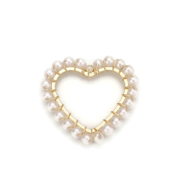 Wire Wrap Pearl Heart Charm Pendant 18k Light Gold Plated Edge for Necklace Anklet Bracelet Earring Charm Supplies 27mmx27mm E-516