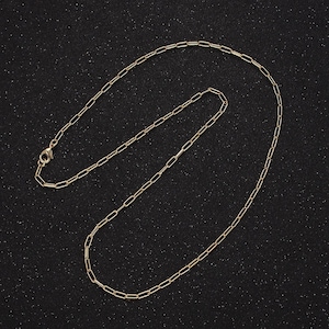 Op de afbeelding: Een gouden ketting met een delicaat, gekoppeld ontwerp. De ketting is gemaakt van kleine, ovale schakels.