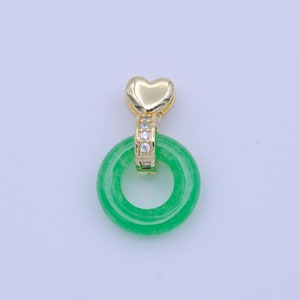 Good Fortune Green Malay Jade Donut Micro Paved CZ Gold Heart Pendant | H264