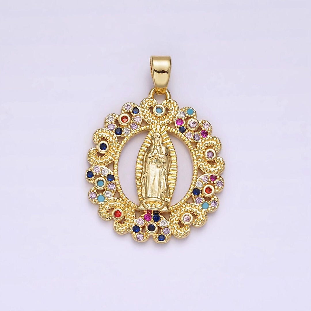 14k Gold Filled Mary Lady Guadalupe Multicolor Cz Dotted Heart Outline ...