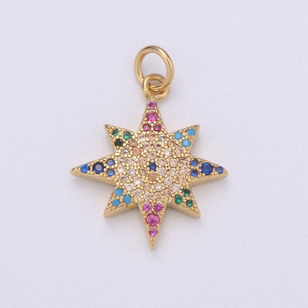 14k Gold Star Charm Micro Pave StarBurst Charm, Rainbow Cubic Charms, CZ Gold Celestial Charm, Dainty Minimalist Jewelry Supply