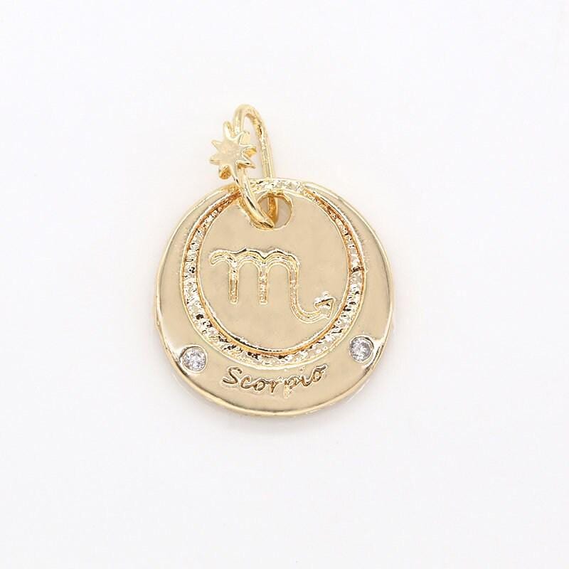 Dainty gold scorpio charm round disc pendant zodiac medallion charm scorpion astrology sign october november birthday gift -446