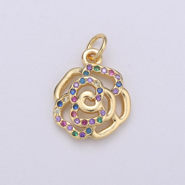 14k Gold Rose Charm Micro Pave Ajouré Flower Charm, Rainbow Cubic Charms, CZ Gold Charme coloré, Dainty Minimalist Jewelry Supply 513