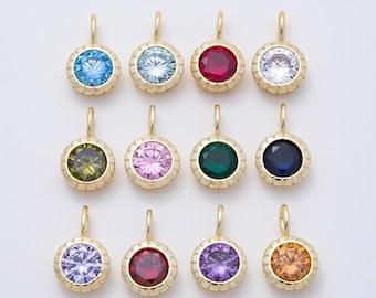 Colgante mini redondo de circonita cúbica de 17 mm con baño de oro de 16 quilates y bisel acanalado, ideal para crear collares y pulseras personalizados con motivos de meses de nacimiento. (01113)