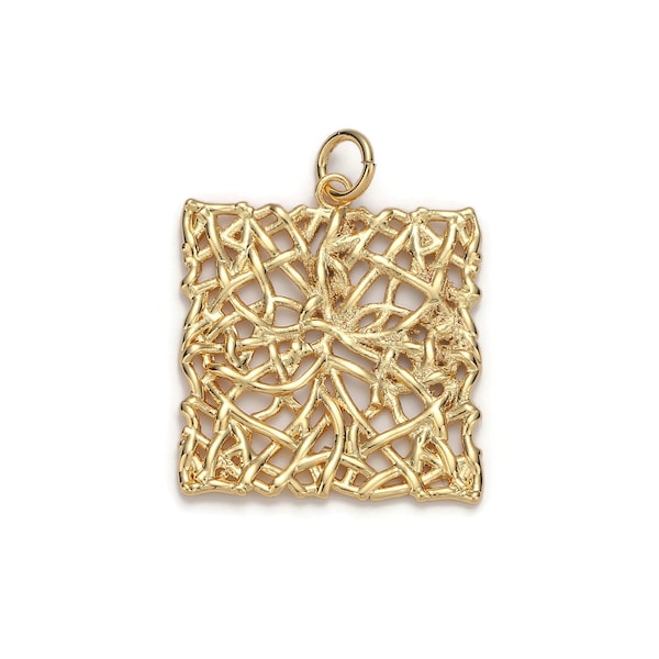 1pc 24k Gold  Patterned Square Charm, Branch Paisley Pendant Charm,  Charm, For DIY Jewelry, Gold Color