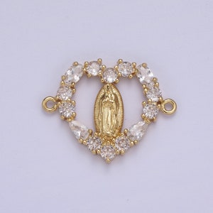 Gold Filled Pave CZ Virgin Mary Charm Connector Lady Guadalupe Heart Link Connector for Bracelet F-240