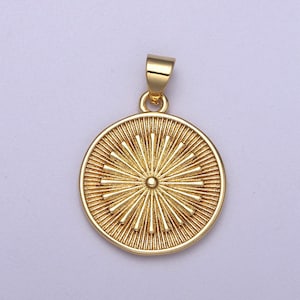 24k gold filled round coin medallion pendant, sunburst charm necklace, geometric celestial jewelry supply h-393