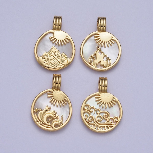 24k gold filled Elemente Kollektion: Goldelement Sonnenstrahl Anhänger, Feuer Wind Erde Wasser Münze Medaillon Anhänger | x-402~x-405