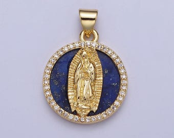 Gold Blue Lapiz Virgin Mary Coin Medallion Pendant, 24k Gold