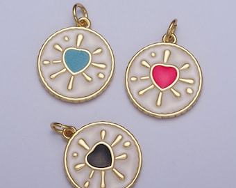 Colgante de medallón de moneda con forma de corazón esmaltado en oro de 24 quilates, con acabado esmaltado, con forma de corazón, redondo, con baño de oro / AG-021-AG-023