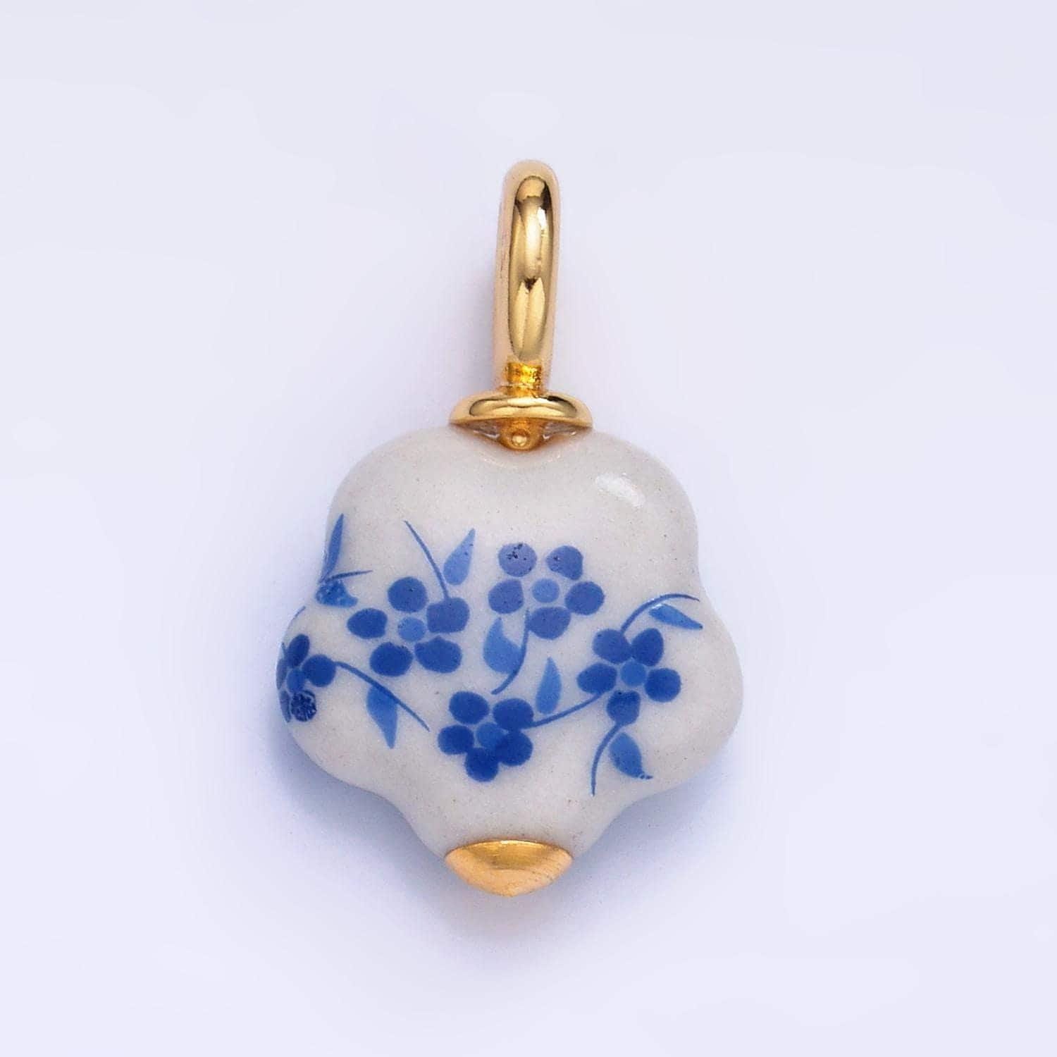 Dainty gold floral ceramic charm handmade blue sakura painting porcelain vintage charm for necklace bracelet jewelry making supply w147