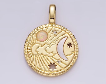 14k gold filled celestial sun shell pearl crescent moon cz open star white opal round charm | ah035