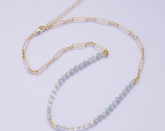 Natural Handmade 18 inch aquamarine Beaded Necklace gold accents 24k gold filled half gemstone half textured paperclip chain | WA-04228