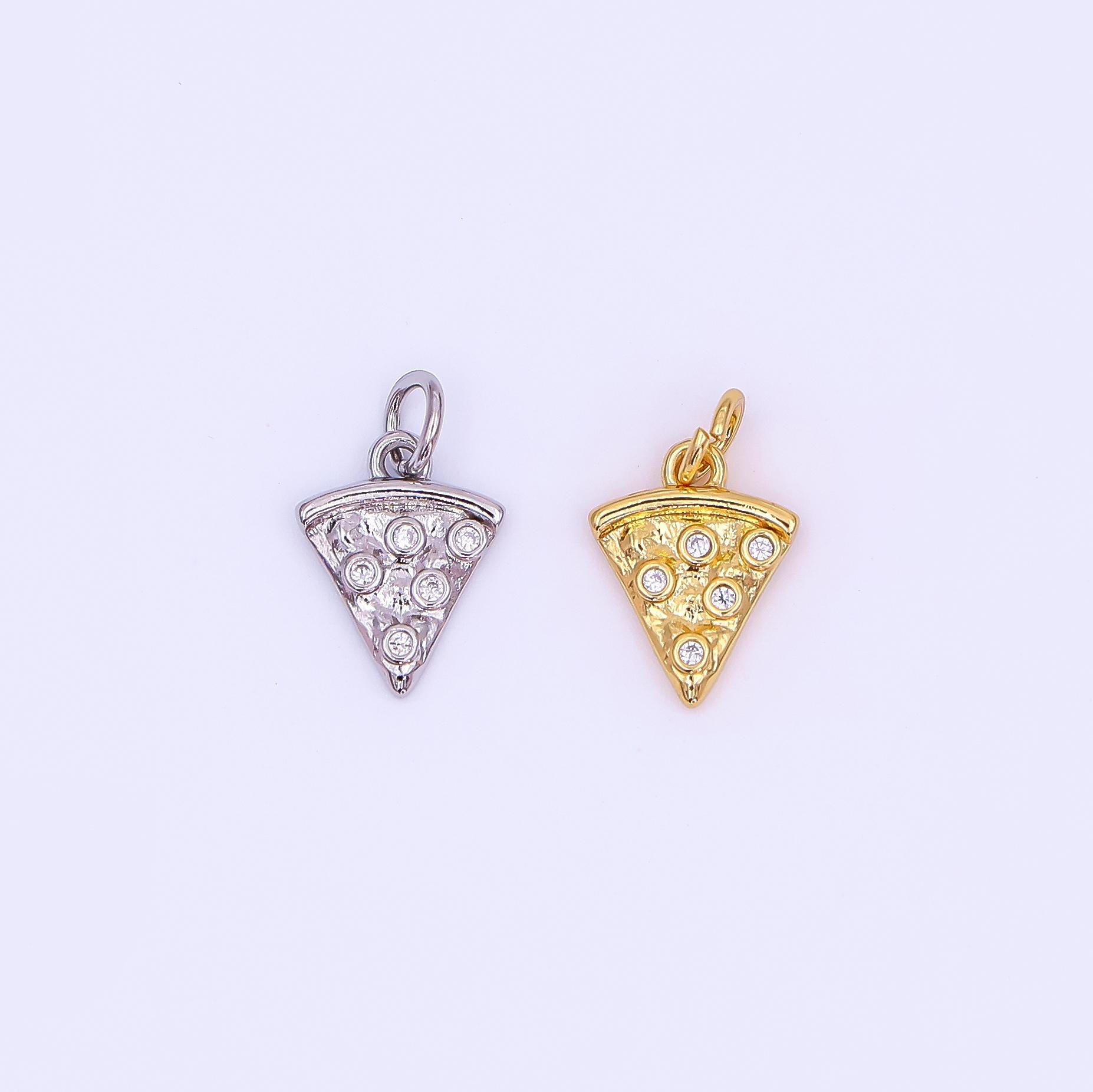 24K Gold Filled Clear CZ Pizza Slice Mini Charm in Gold & Silver Peperoni Pizza Bracelet | AF438