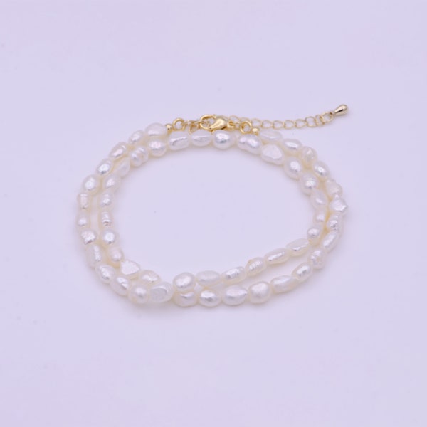 Pearl Choker Necklace,Baroque Rice Pearl Chain Necklace, Mother of Pearl Necklace, 14" +2 " extender Necklace Beaded Gold Chain WA855