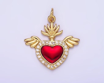14k gold filled red cz heart with crown baby angel wings charm | ag625