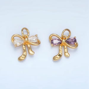 Clear, purple, peach and pink cz double loop mini ribbon bow gold filled charm | x-563