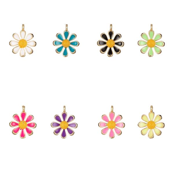 Dainty Colorful Daisy Flower Shape Pendant, 14KGold Filled Daisy Flower Charm,Enamel Pendant White Black Pink Green Purple Teal Yellow,M-220