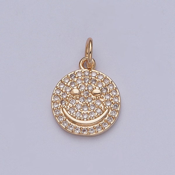 16K Gold Plated Happy Face Micro CZ Pave Stone Medallion Coin Pendant | DIY Charm Necklace Bracelet Earring | X-241