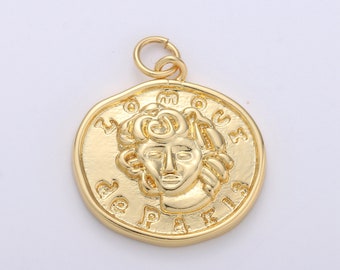 24k GF Medusa Gold Coin Necklace, L'Amour de Paris Gold Coin Pendant Necklace, Greek Gold Coin Jewelry for Necklace Bracelet Earring