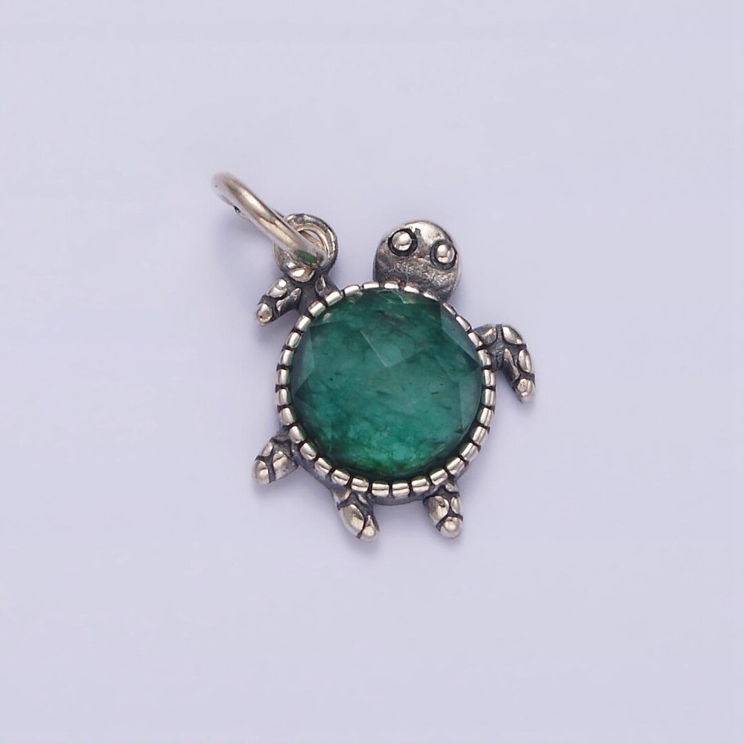 S925 Sterling Silver Round Green Multifaceted Cz Turtle