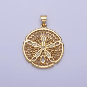 Gold splat flower charm cz filigree geometric medallion round pendant | aa153