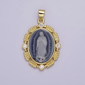 Dainty Micro Pave Vintage Blue Agate Virgin Mary pendant Lady Guadalupe cameo jewelry Charm Necklace J-185 AA867