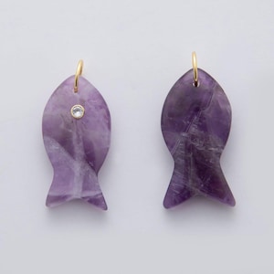 18k Gold Filled 38.8mm Big Gemstone Fish Pendant Natural Stone CZ Charm for Necklace Bracelet Jewelry Making DIY Supply | D265 Amethyst