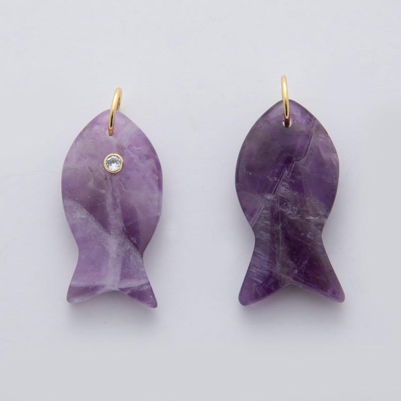 18k Gold Filled 38.8mm Big Gemstone Fish Pendant Natural Stone CZ Charm for Necklace Bracelet Jewelry Making DIY Supply | D265 Amethyst