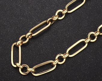24k gold filled elongated unique paperclip chain by yard, rolo cable link thick 5-7mm, wholesale bulk roll chain for jewelry making, 641
