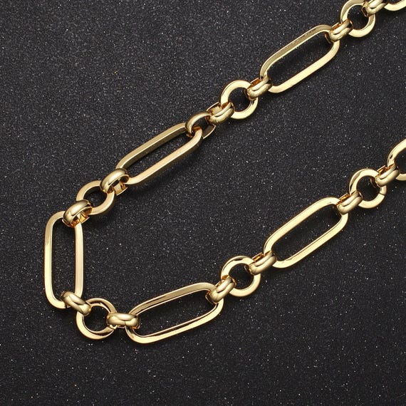 24k gold filled elongated unique paperclip chain by yard, rolo cable link thick 5-7mm, wholesale bulk roll chain for jewelry making, 641